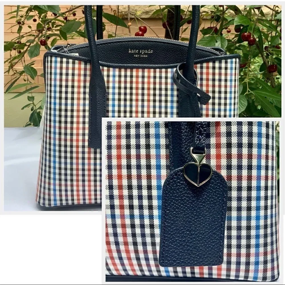 KATE SPADE MARGAUX MEDIUM SATCHEL HANDBAG IN BLUE RED BLACK PLAID + LEATHER TRIM